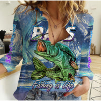 Women’s blue casual shirt with large bass fishing graphic and “Fishing is Life” text