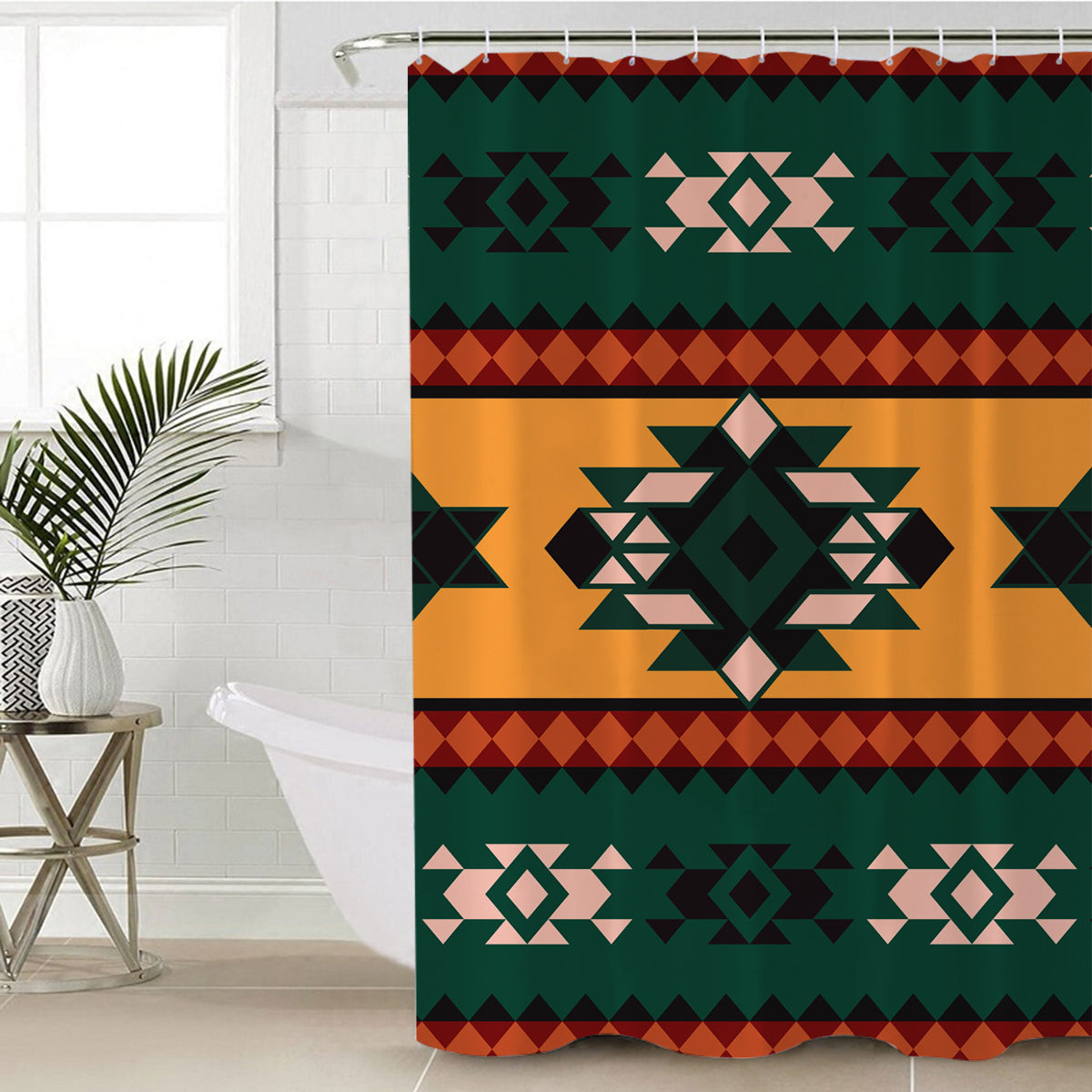Aztec geometric shower curtain with multicolor diamond pattern, top grommets