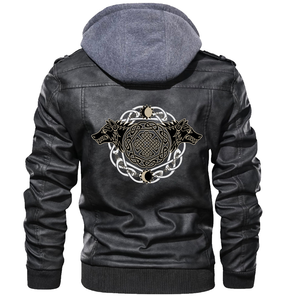 Viking Valknut Zipper Leather Jacket - Geri and Freki RLT12 - Wonder Print Shop