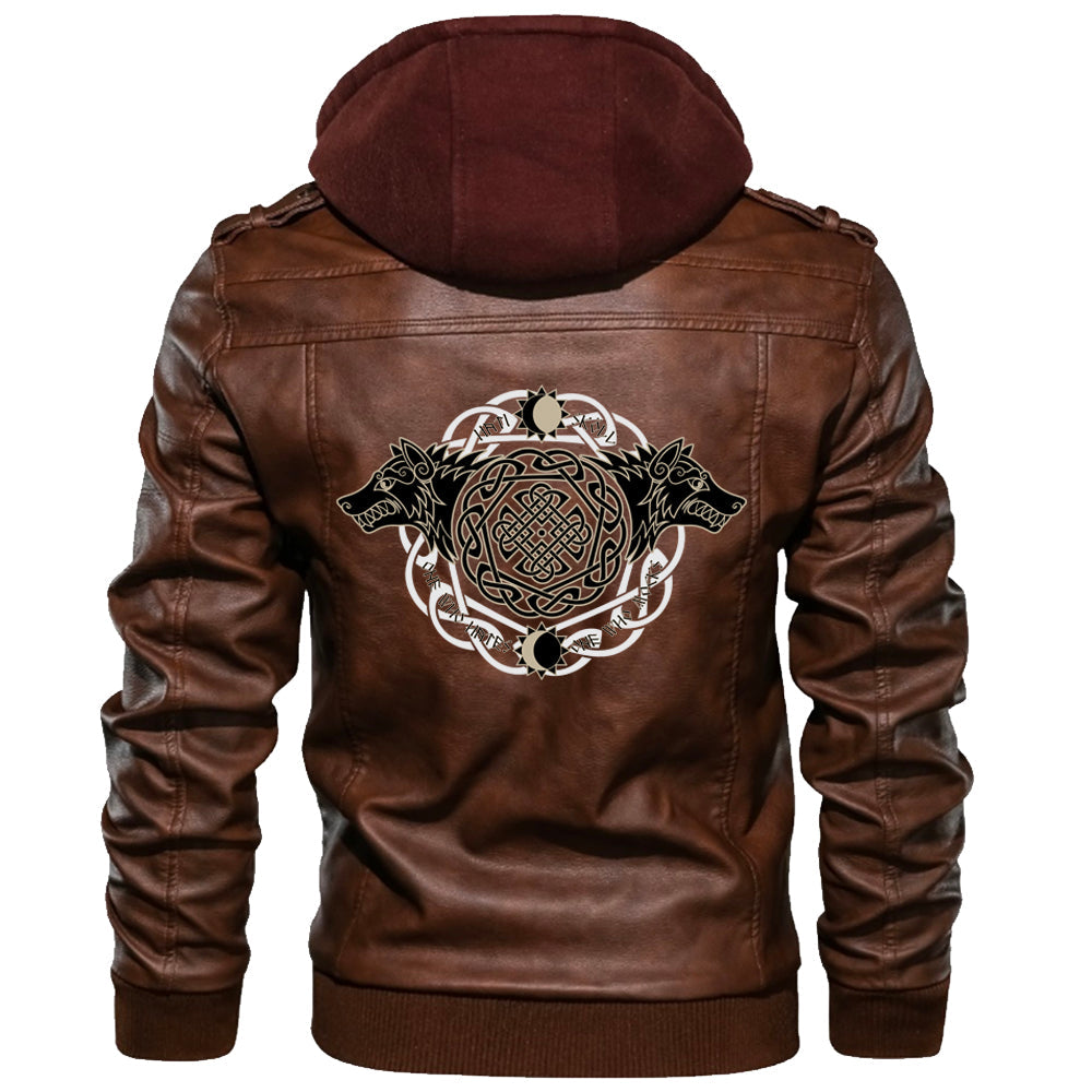 Viking Valknut Zipper Leather Jacket - Geri and Freki RLT12 - Wonder Print Shop
