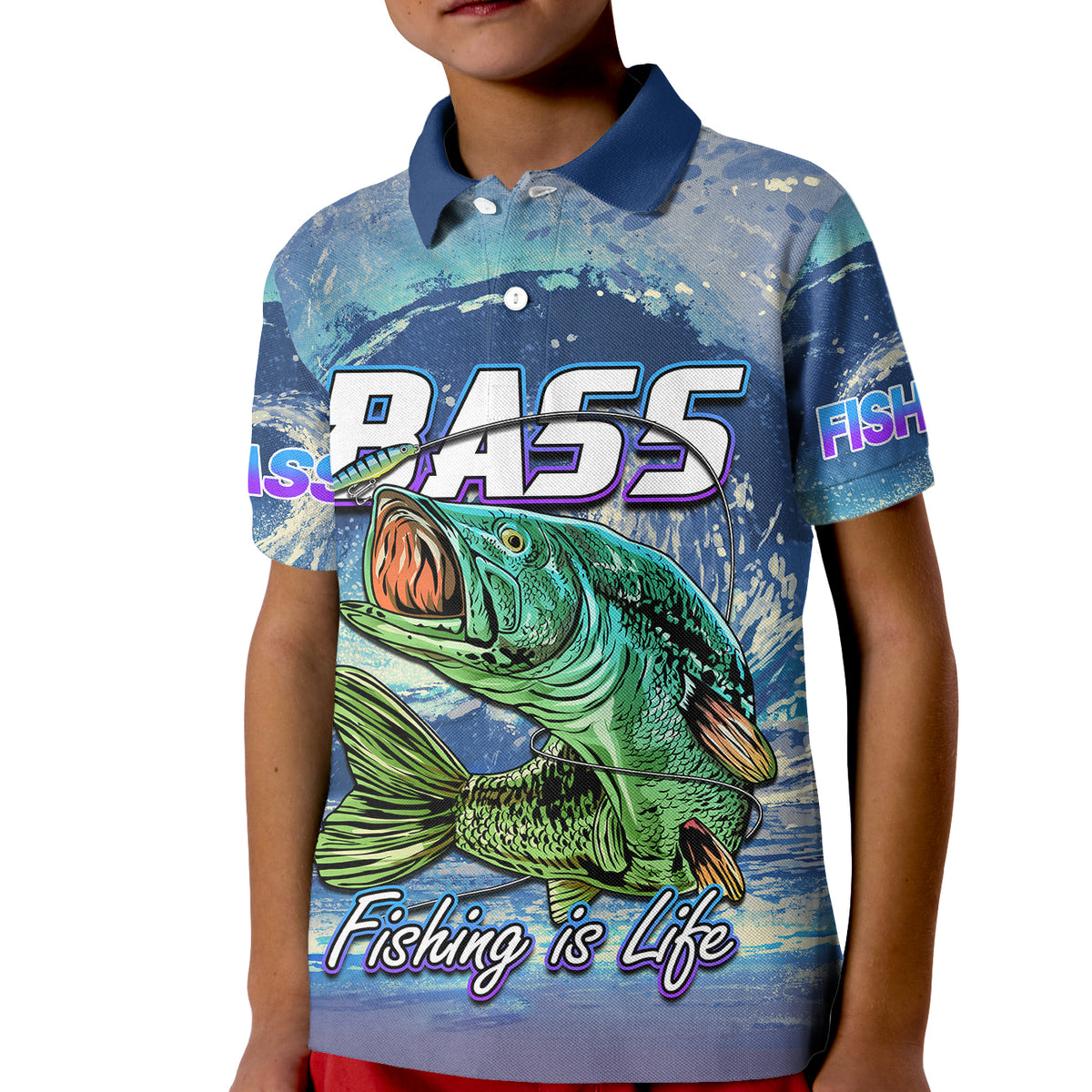 Bass Fishing Polo Shirt Fishing is Life Hook Sport Largemouth Blue for Kid - Wonder Print Shop