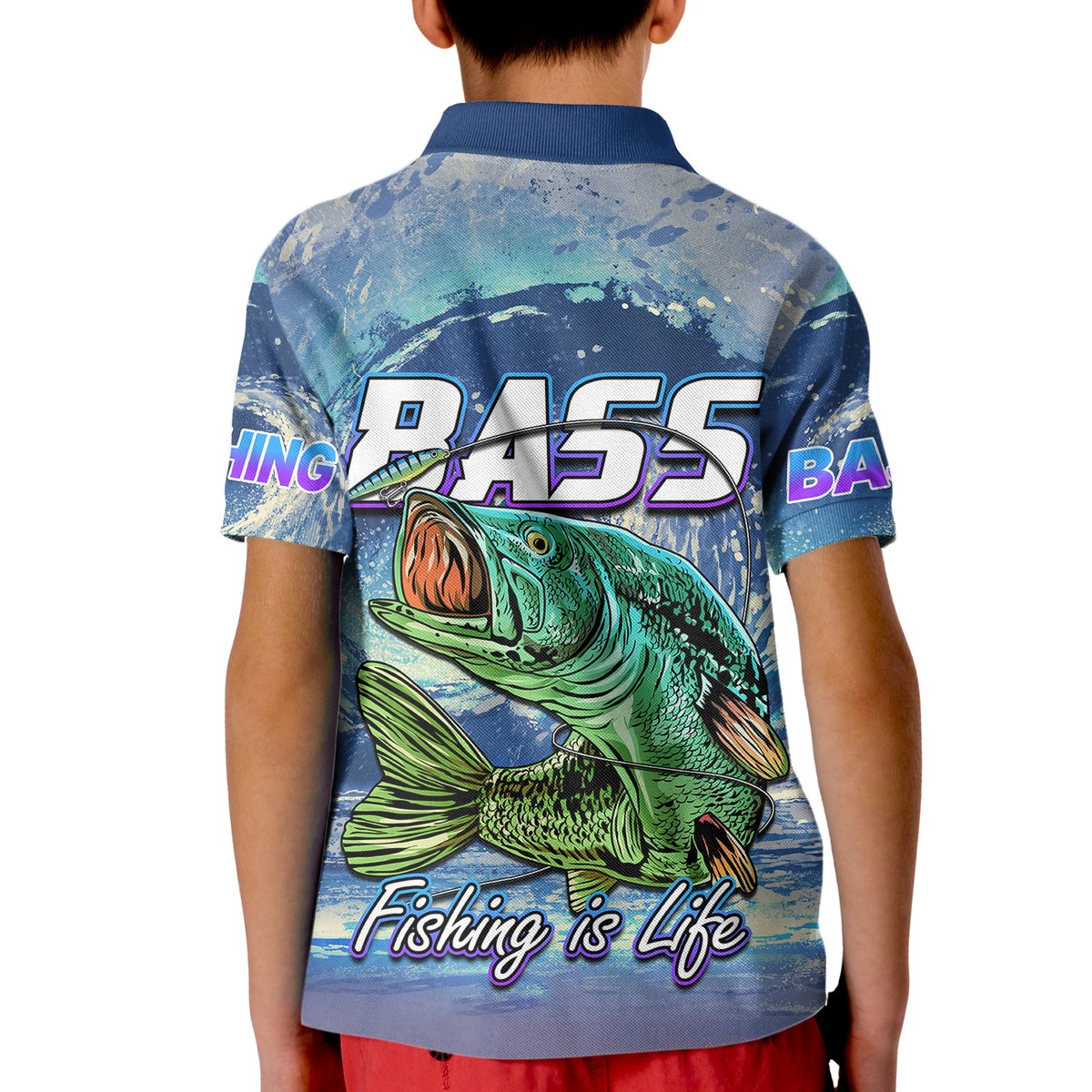 Bass Fishing Polo Shirt Fishing is Life Hook Sport Largemouth Blue for Kid - Wonder Print Shop