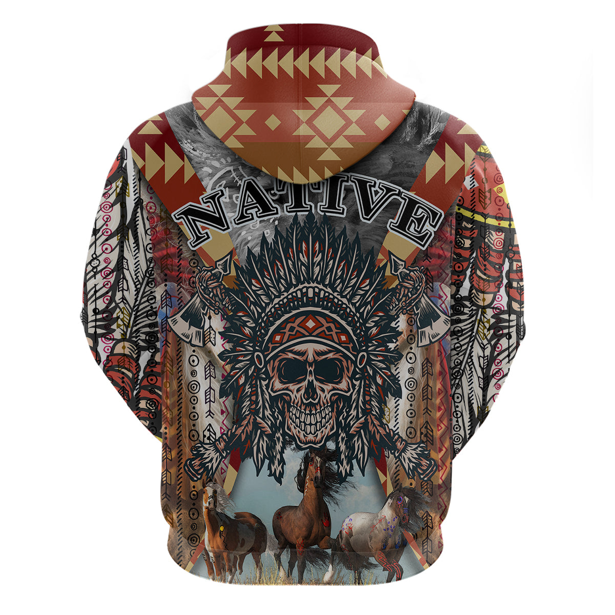 Native American Feather Headdress With Native Horses And Three Wolves In Moonlight African Pattern Hoodie - Wonder Print Shop
