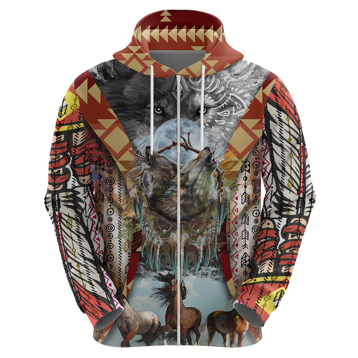 Native American Feather Headdress With Native Horses And Three Wolves In Moonlight African Pattern Hoodie - Wonder Print Shop