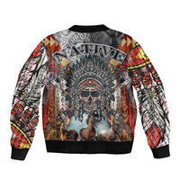 Native American Feather Headdress With Native Horses And Three Wolves In Moonlight African Pattern Bomber Jacket - Wonder Print Shop