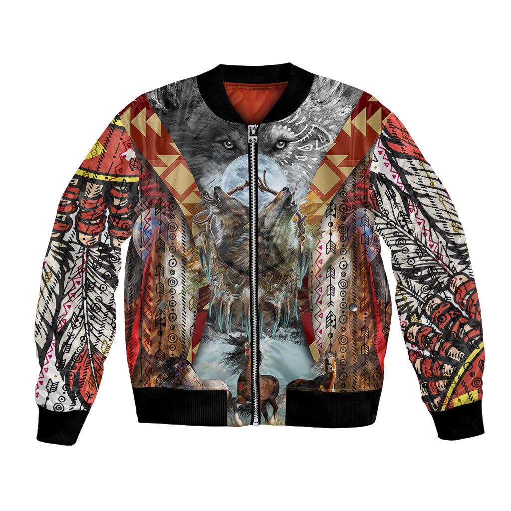 Native American Feather Headdress With Native Horses And Three Wolves In Moonlight African Pattern Bomber Jacket - Wonder Print Shop