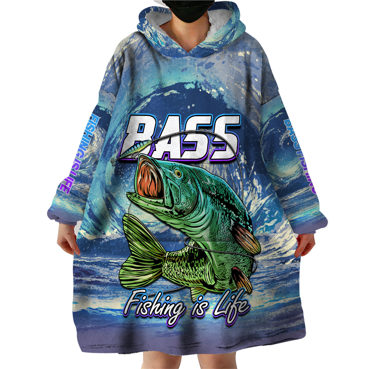 Wearable blanket hoodie dress, blue hood with large bass fish print and purple text