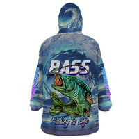 Wearable blanket hoodie, blue hood with bass graphic and vertical sleeve text