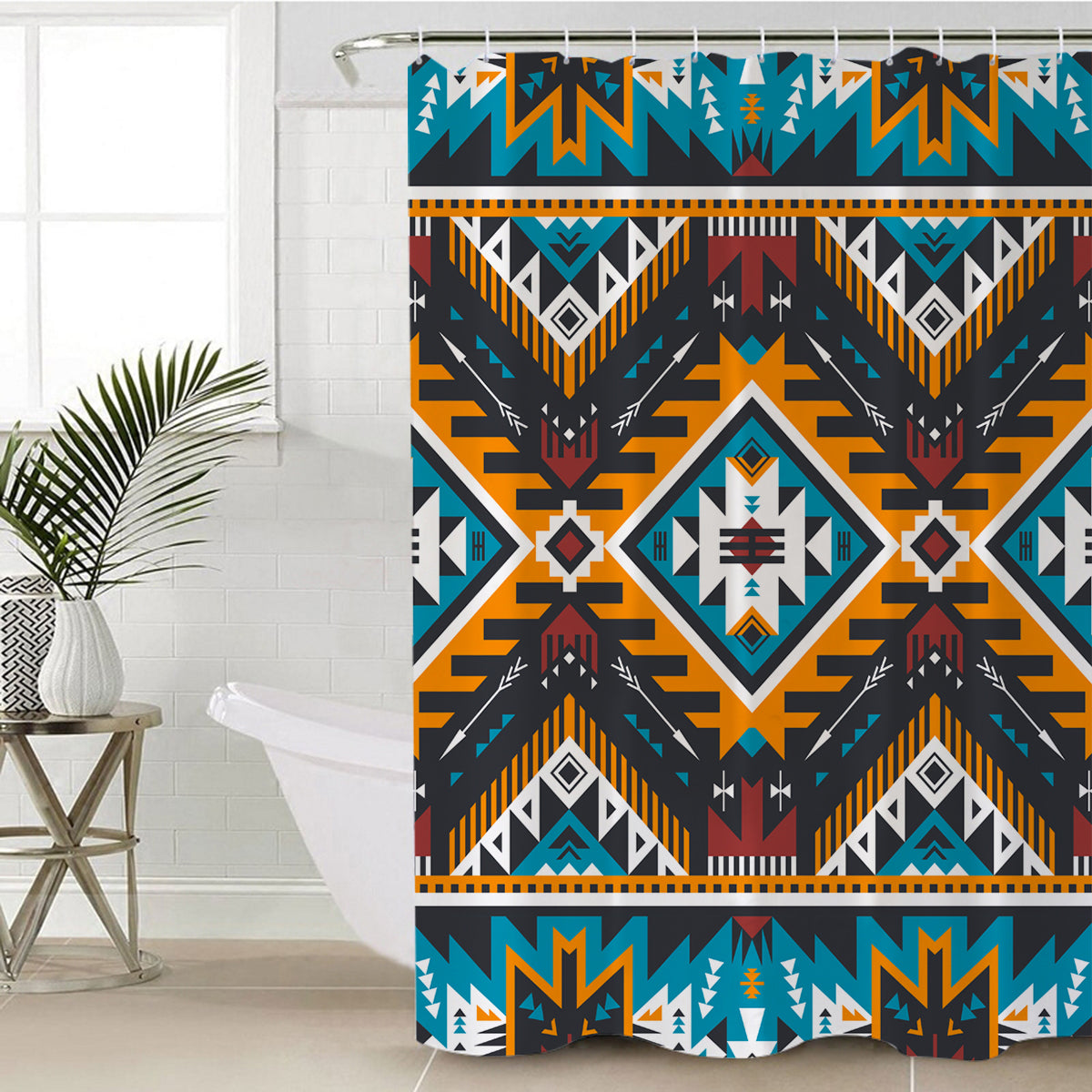 Yellow multicolor Aztec geometric shower curtain with bold diamond and zigzag pattern