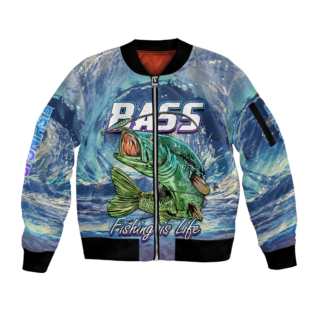 Bass Fishing is Life Hook Sport Largemouth Blue Sleeve Zip Bomber Jacket - Wonder Print Shop