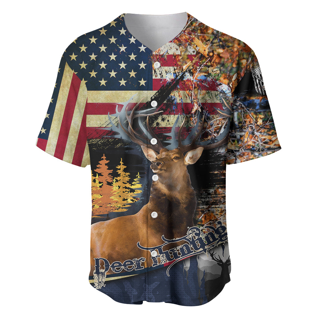 Deer Hunting American Flag Deciduous Forest Pattern Baseball Jersey - Wonder Print Shop