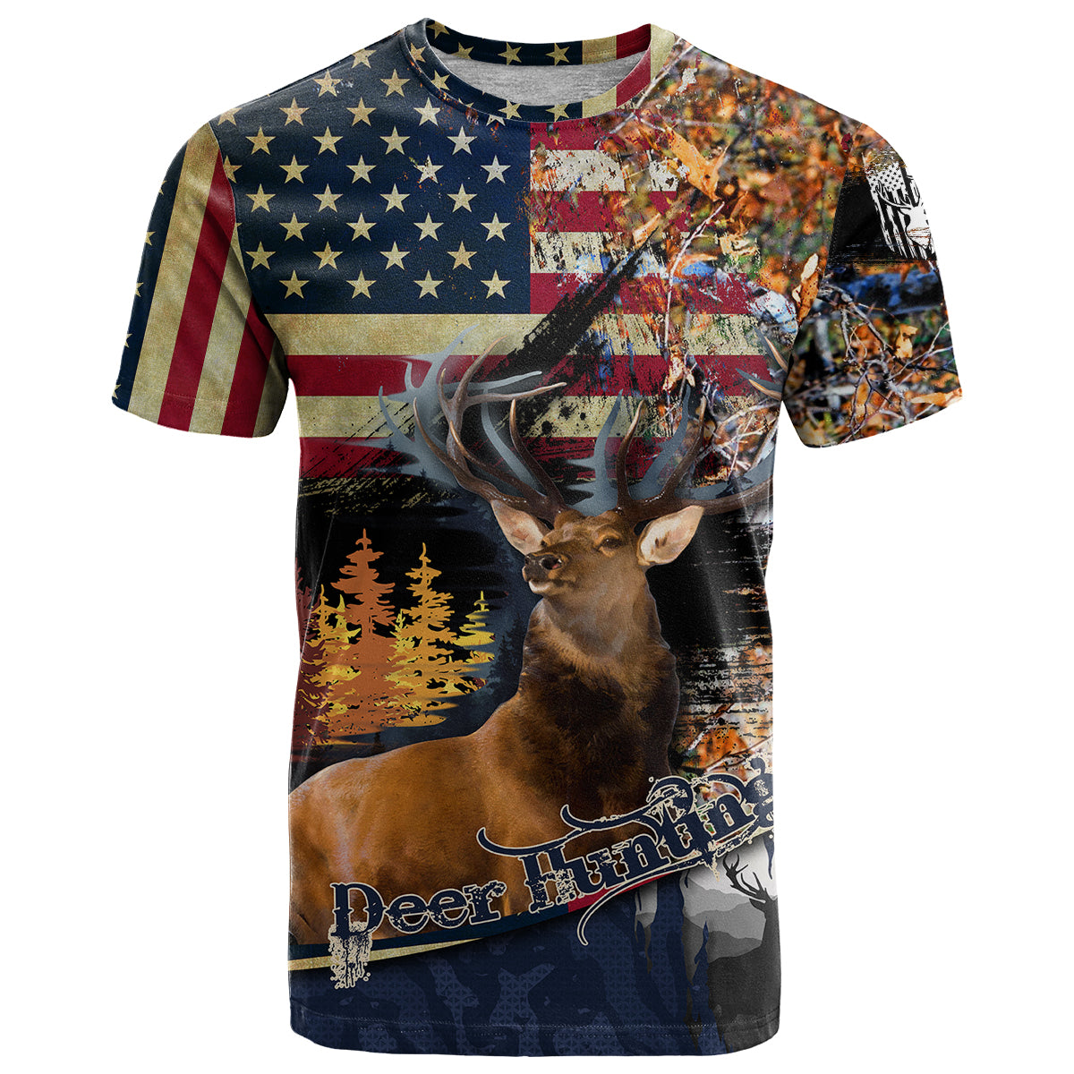 Deer Hunting American Flag Deciduous Forest Pattern T Shirt - Wonder Print Shop