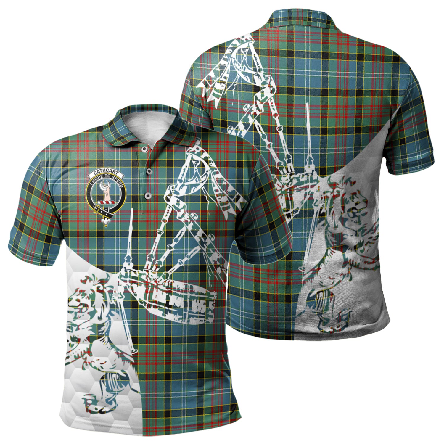 scottish-cathcart-clan-crest-tartan-polo-shirt-lion-and-bagpipes-style