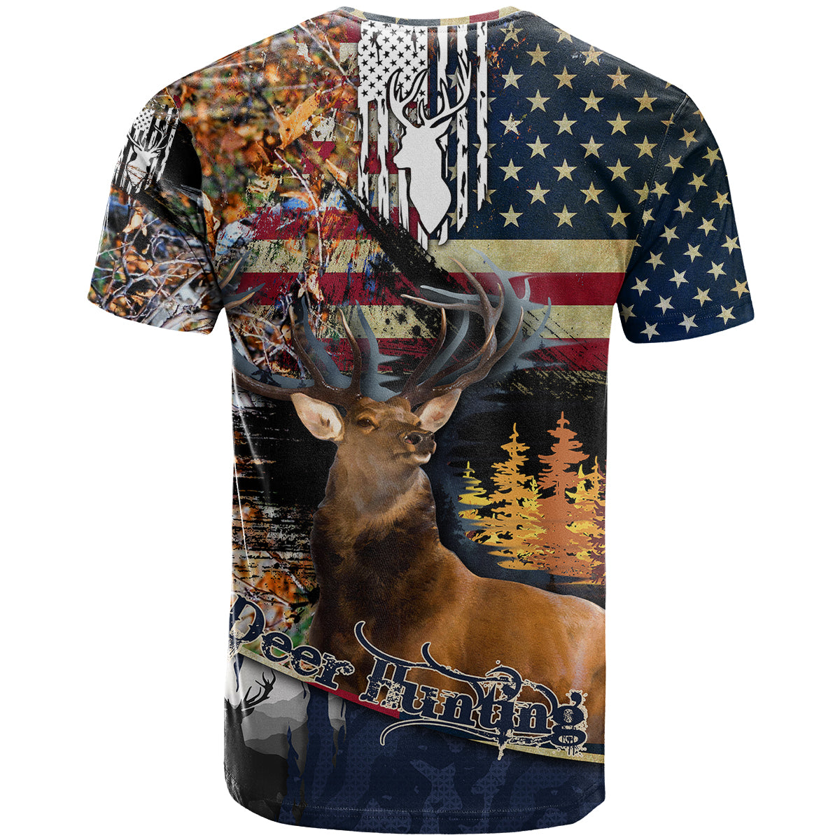 Deer Hunting American Flag Deciduous Forest Pattern T Shirt - Wonder Print Shop