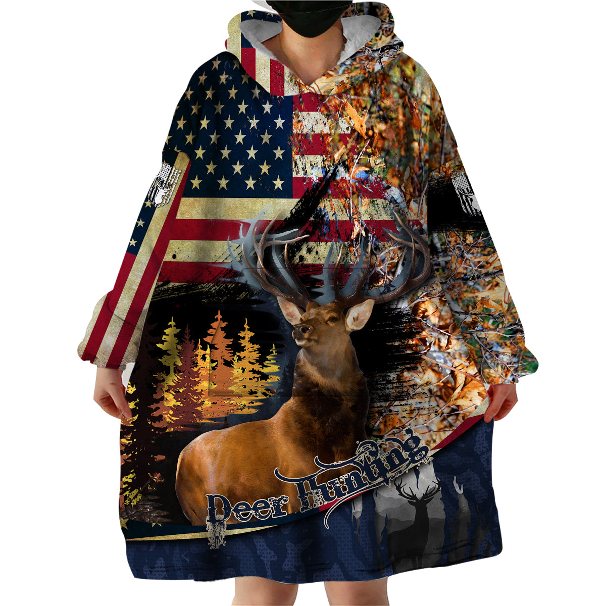 Deer Hunting American Flag Deciduous Forest Pattern Wearable Blanket Hoodie - Wonder Print Shop