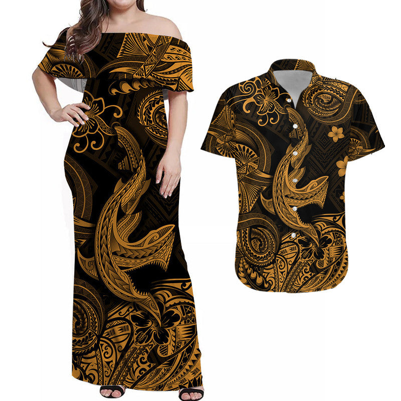 Polynesian Matching Hawaiian Outfits For Couples Hawaii Angry Shark Polynesian Dress and Hawaiian Shirt Unique Style - Gold LT8 - Wonder Print Shop