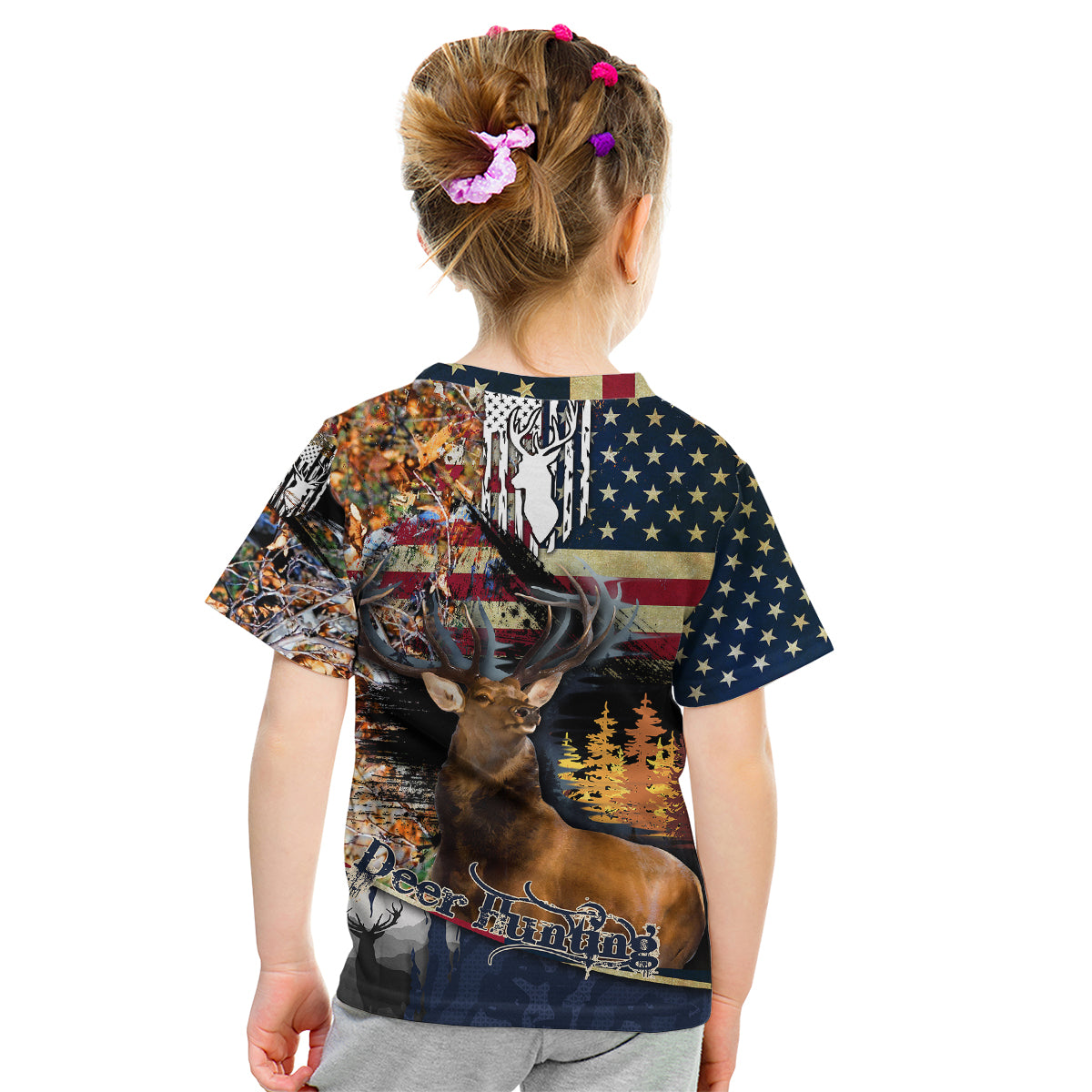 Deer Hunting American Flag Deciduous Forest Pattern Kid T Shirt - Wonder Print Shop