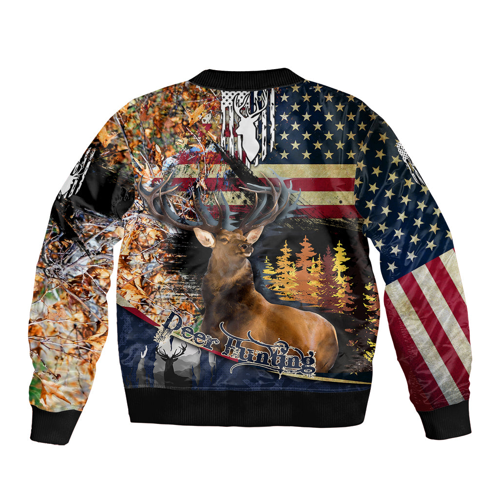Deer Hunting American Flag Deciduous Forest Pattern Sleeve Zip Bomber Jacket - Wonder Print Shop