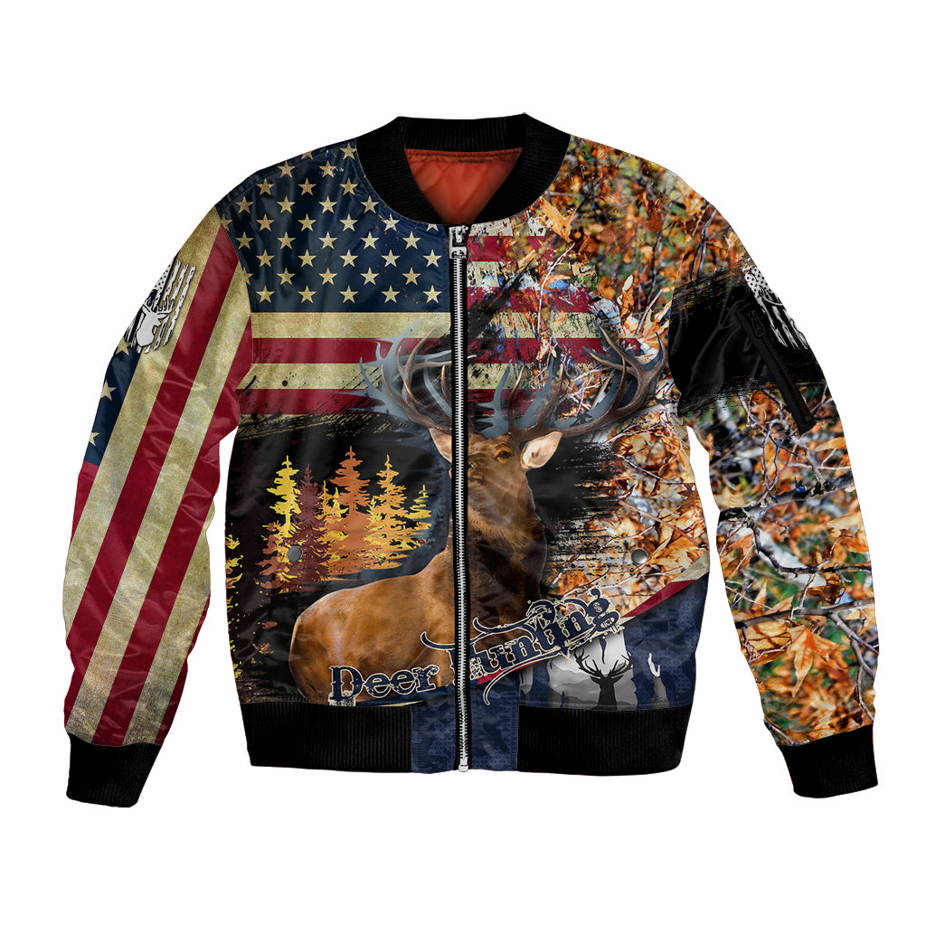 Deer Hunting American Flag Deciduous Forest Pattern Sleeve Zip Bomber Jacket - Wonder Print Shop