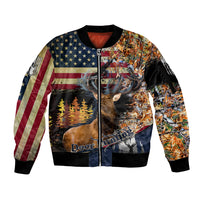 Deer Hunting American Flag Deciduous Forest Pattern Sleeve Zip Bomber Jacket - Wonder Print Shop