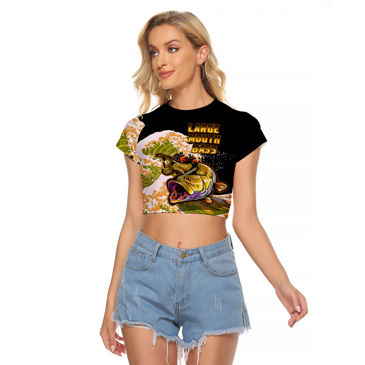 (Custom Personalised) Bass Fishing Yellow Raglan Cropped T Shirt - Wonder Print Shop