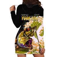 Black hoodie dress with drawstring hood, colorful bass fishing print, long sleeves