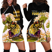Black hoodie dress with drawstring hood, kangaroo pocket, bass fishing graphic, long sleeves