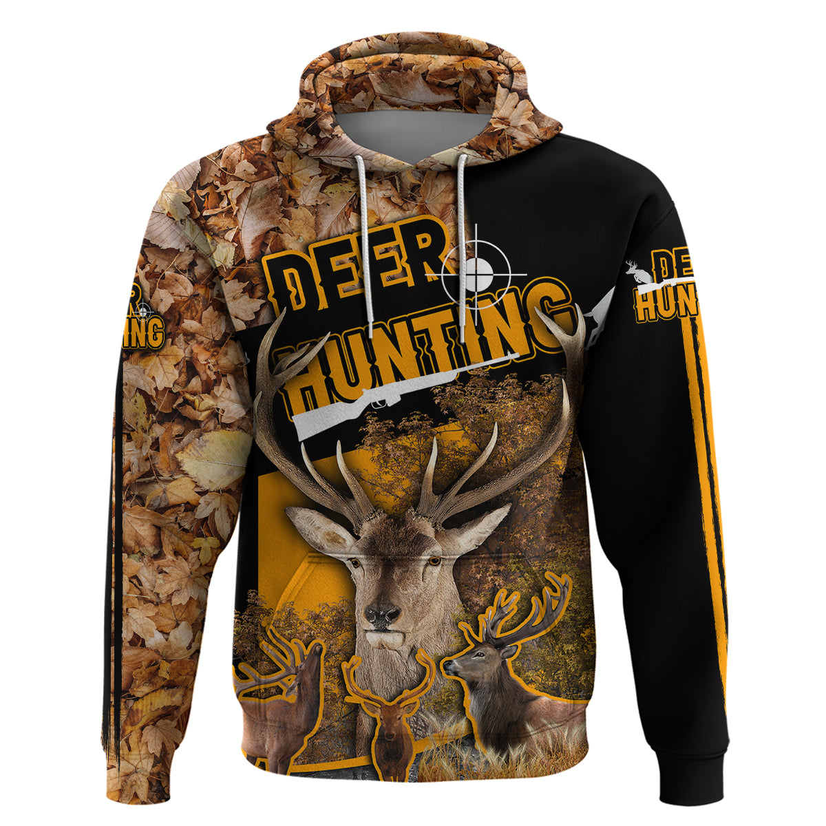 Pullover hoodie with leaf-camo hood, deer graphic on front, black sleeves and yellow panel accents