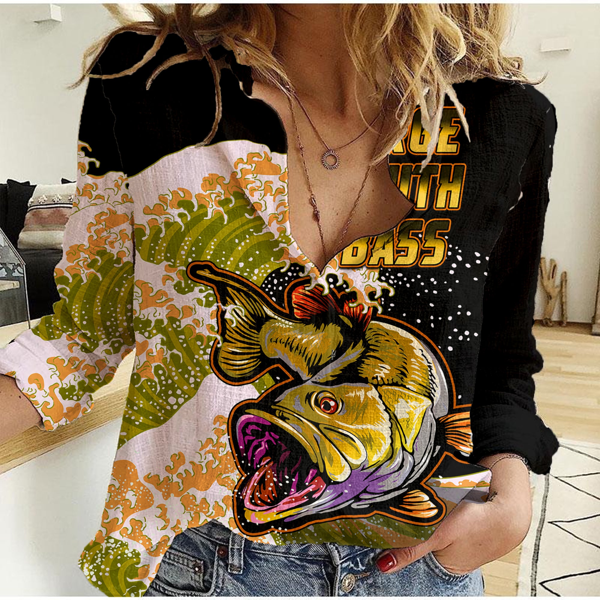 (Custom Personalised) Bass Fishing Yellow Women Casual Shirt - Wonder Print Shop