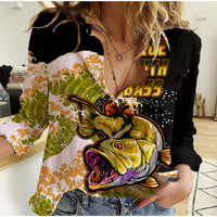 Women’s casual shirt in dark fabric with colorful bass graphic and long sleeves
