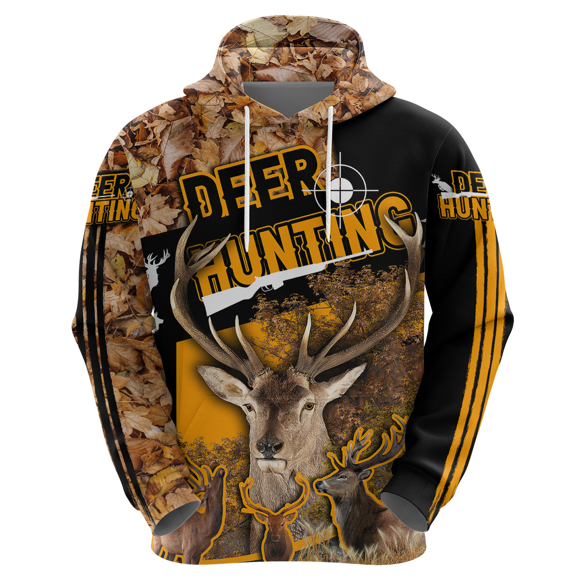 Pullover hoodie close side view with deer graphic, leaf-camo hood and black sleeves with yellow stripes