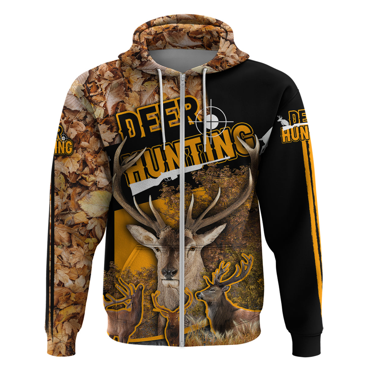 Pullover hoodie front view with leaf-camo hood and deer hunting artwork, black base with yellow details