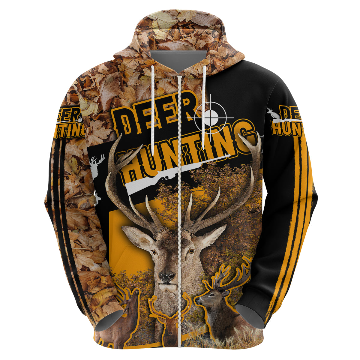 Pullover hoodie angled front view, leaf-camo hood, deer graphic with orange outline on black fabric
