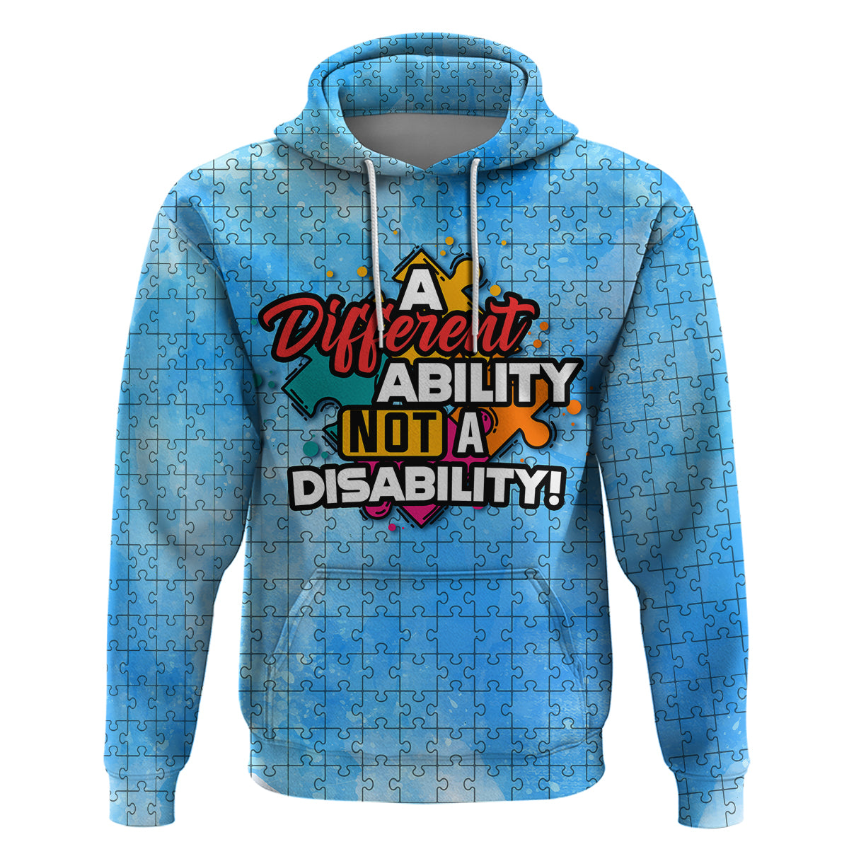 Blue pullover hoodie with hood and drawstrings; "Different Ability, Not a Disability!" graphic