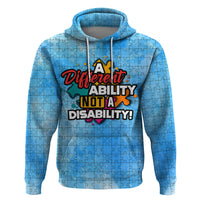 Blue pullover hoodie with hood and drawstrings; "Different Ability, Not a Disability!" graphic