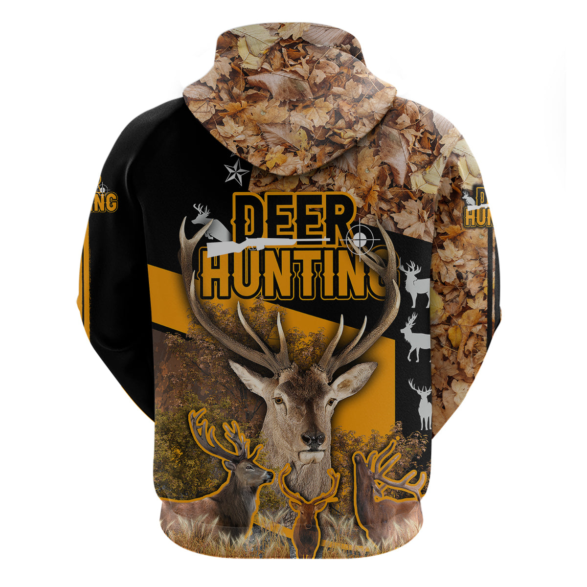 Pullover hoodie back-to-front angle with deer emblem, leaf-camo hood and sleeves, black and tan tones