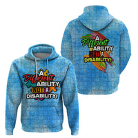 Blue pullover hoodie with hood; front graphic says "Different Ability, Not a Disability!"