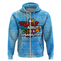 Blue pullover hoodie with hood; back graphic reads "Different Ability, Not a Disability!"