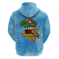 Blue pullover hoodie; back graphic with feather art and "Different Ability, Not a Disability!"