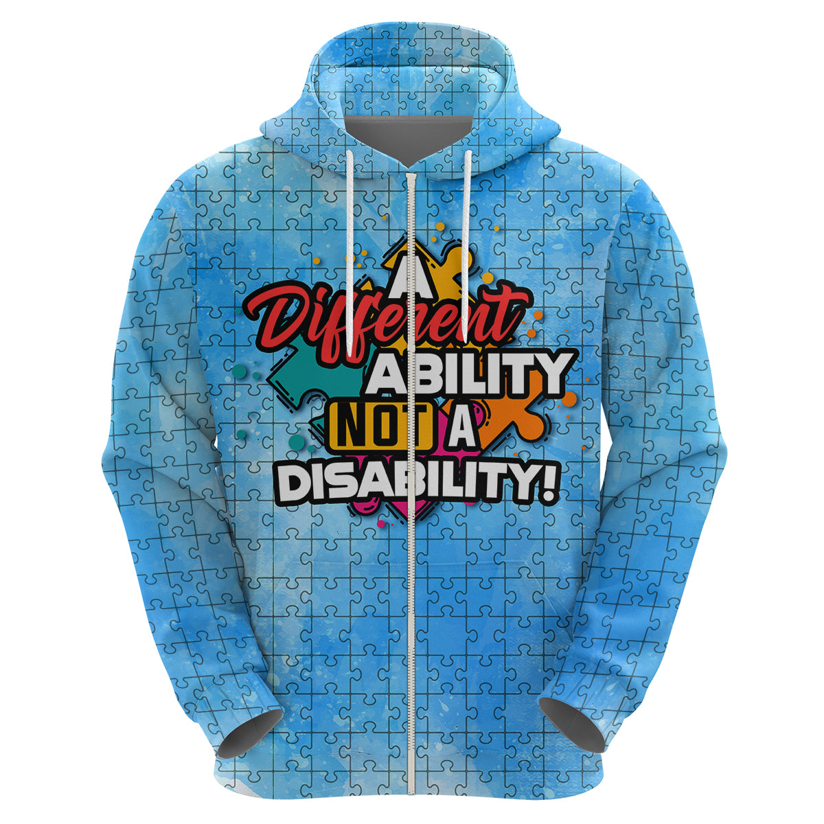 Blue pullover hoodie; back graphic "Different Ability, Not a Disability!" with drawstrings
