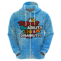 Blue pullover hoodie; back graphic "Different Ability, Not a Disability!" with drawstrings