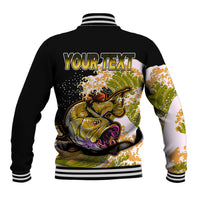 Black baseball jacket back with 'YOUR TEXT' above fish graphic, striped ribbed collar