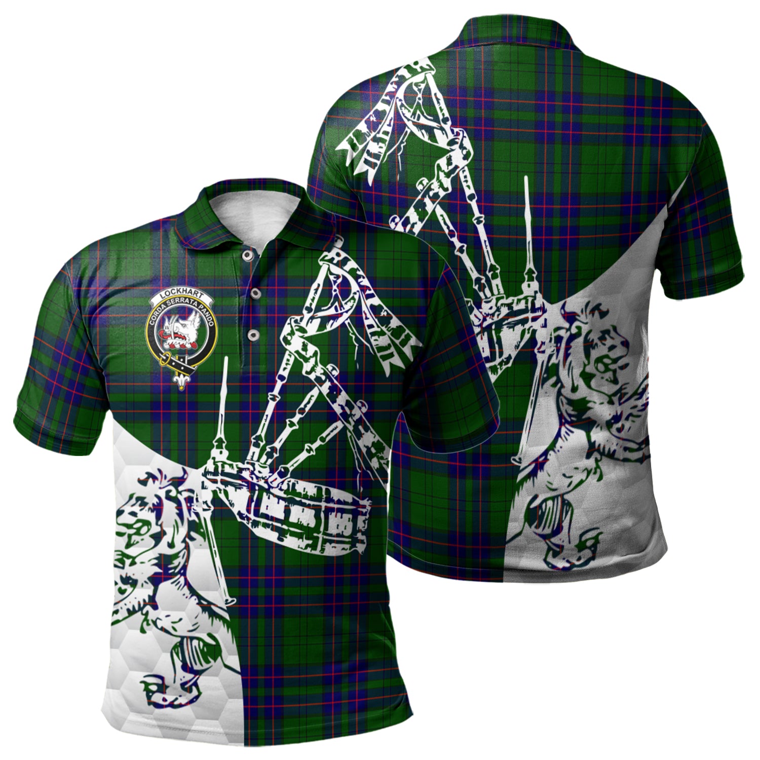 scottish-lockhart-modern-clan-crest-tartan-polo-shirt-lion-and-bagpipes-style