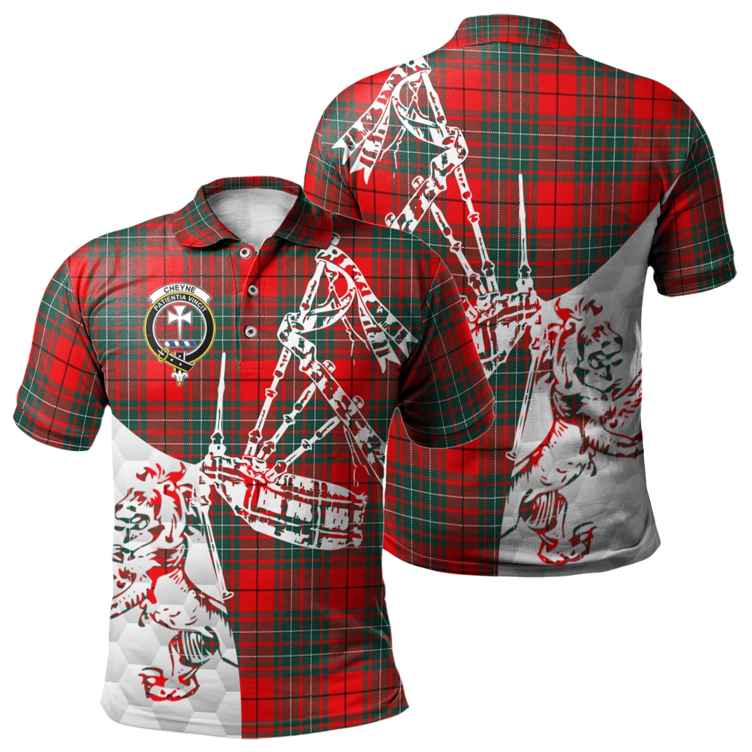 scottish-cheyne-clan-crest-tartan-polo-shirt-lion-and-bagpipes-style