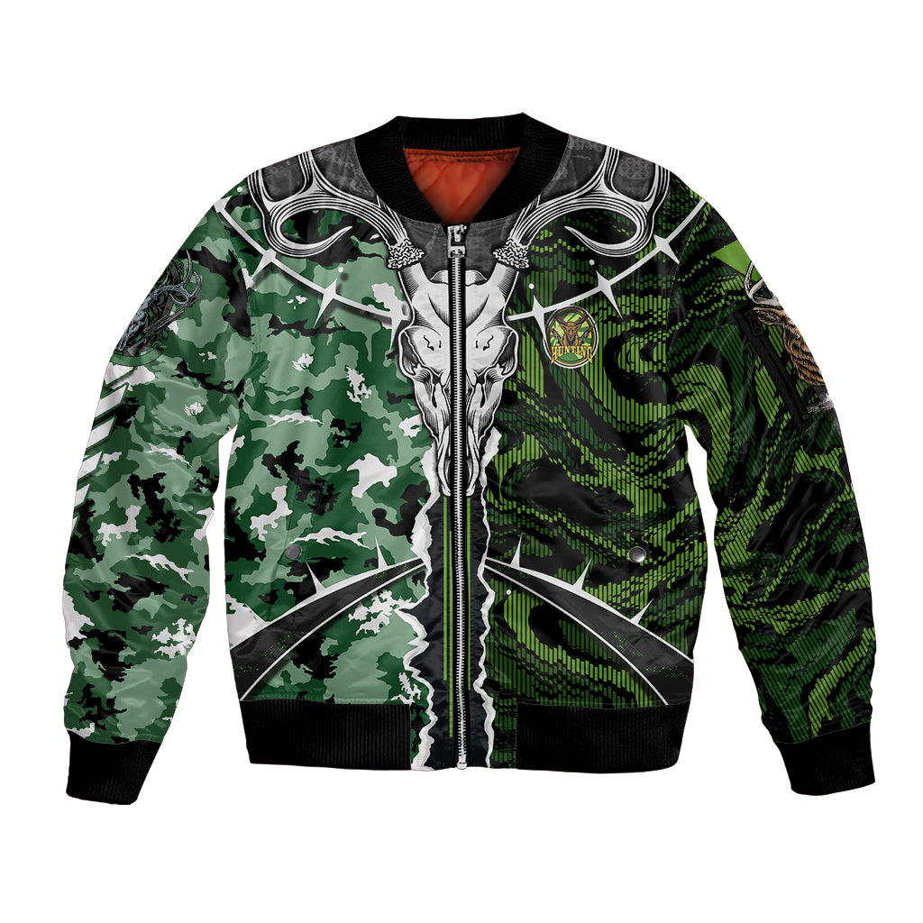Deer Hunting Green Abstract Pattern Sleeve Zip Bomber Jacket - Wonder Print Shop