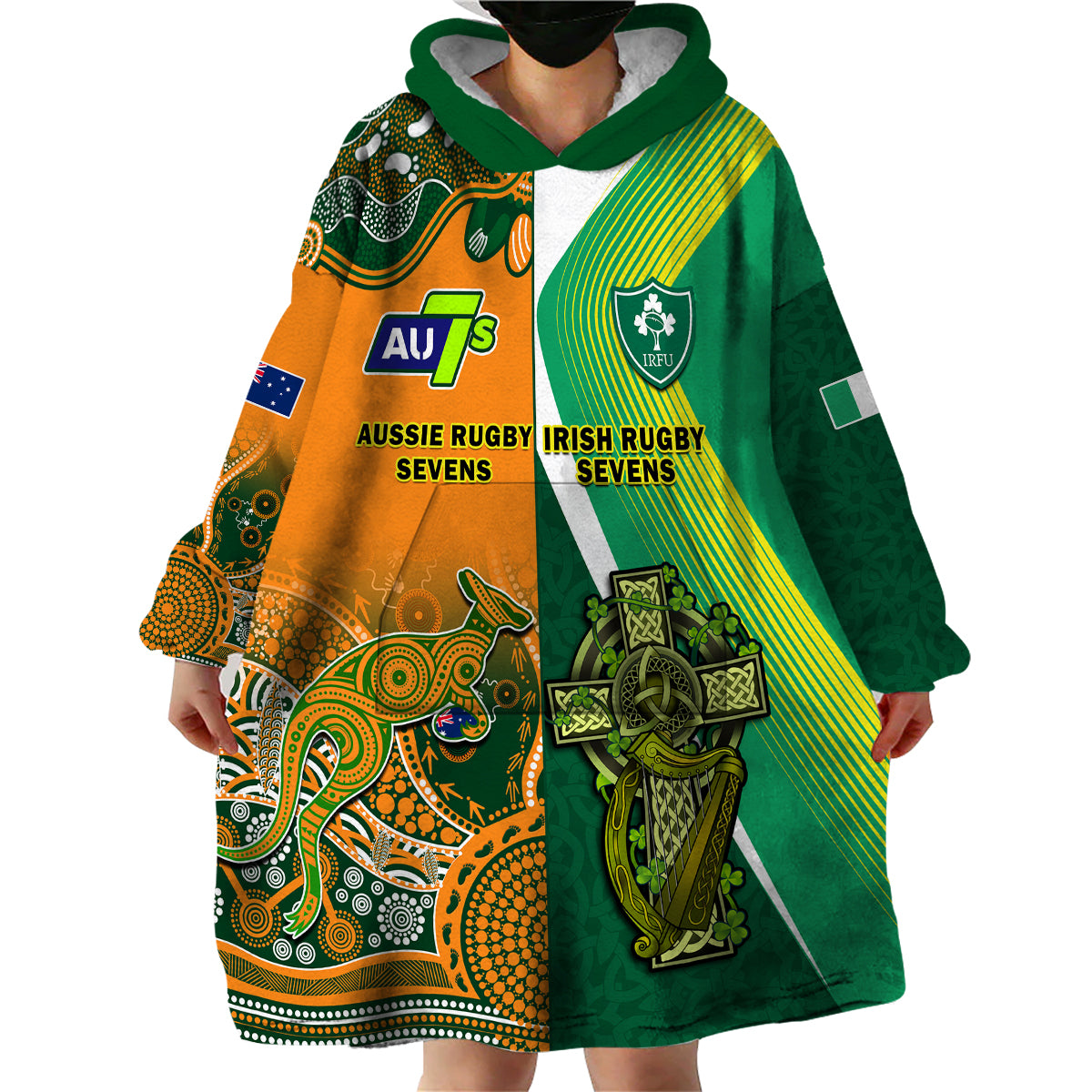 (Custom Personalised) Ireland and Australia Rugby Sevens Irish Sevens Mix Aussie Sevens Wearable Blanket Hoodie - Wonder Print Shop