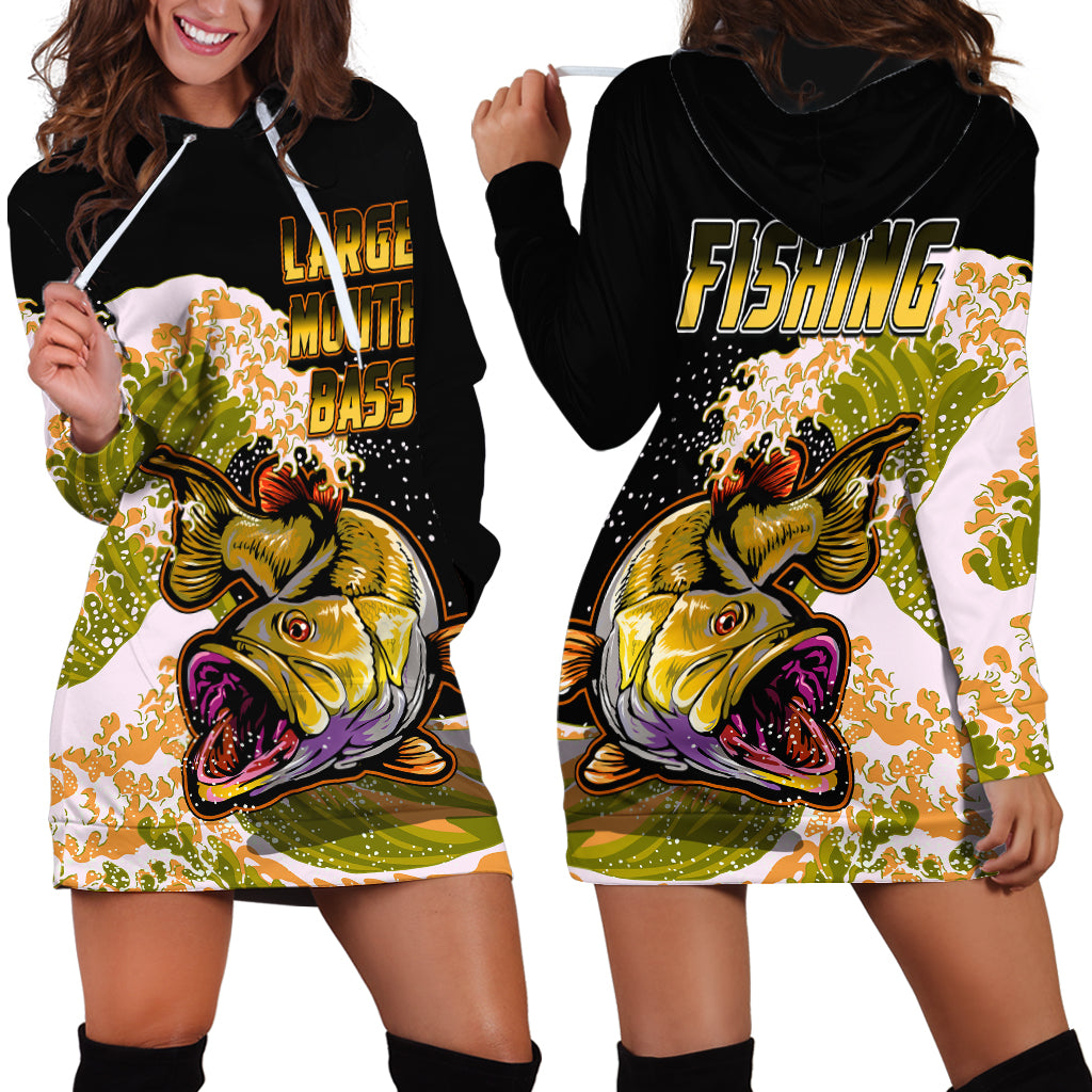 Largemouth Bass Fishing Yellow Hoodie Dress - Wonder Print Shop
