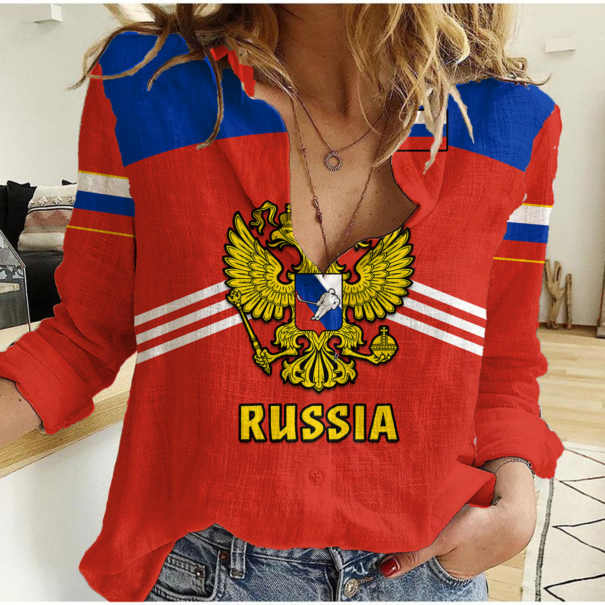 (Custom Text And Number) Russia Hockey 2023 Red Sporty Style Women Casual Shirt - Wonder Print Shop