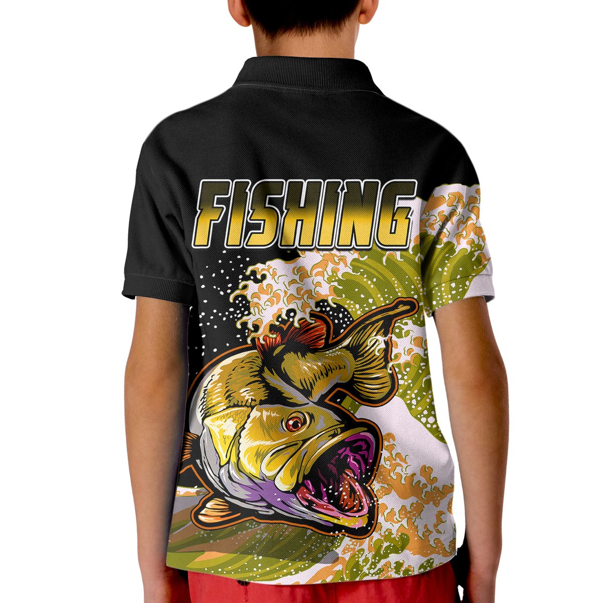 Largemouth Bass Fishing Polo Shirt Yellow for Kid - Wonder Print Shop