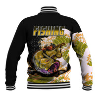 Black baseball jacket with striped collar and cuffs, back bass graphic